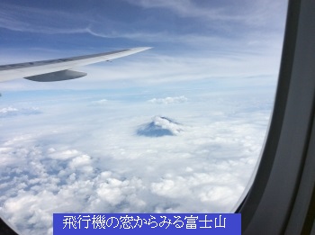 飛行機の窓から見る富士山